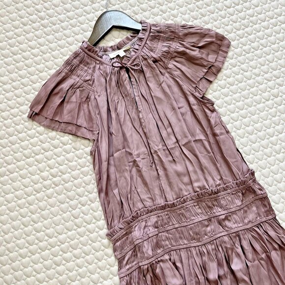GRADE & GATHER V-NECK SATIN RUFFLE Midi DRESS IN DUSTY ORCHID Size L - Picture 4 of 13